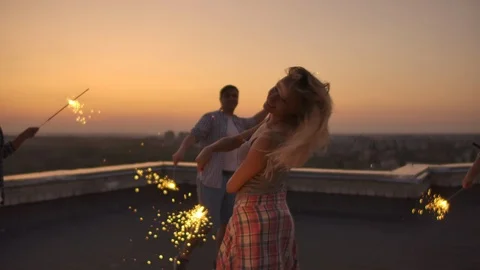 Russian blonde is dancing with bengal light Stock Footage 119011677