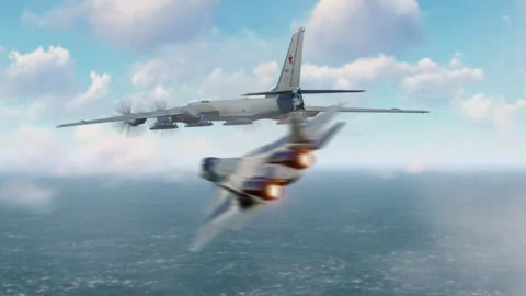 Russian bomber Tu-95 MS Bear in flight with two Su-57 fighters. 3d animation Vidéo 245279025