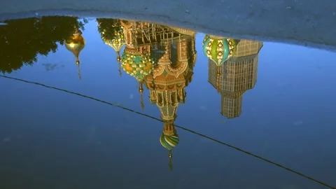 Russian church reflects in puddle Stock Footage 282391371