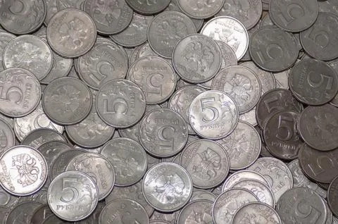 Russian coin five rubles in large quantities. on coins background Stock Photos