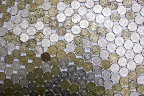 Russian coins texture. Full Frame Shot Of Coins Arranged On Table Stock Photos