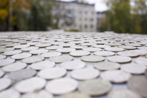 Russian coins texture. Full Frame Shot Of Coins Arranged On Table Stock Photos