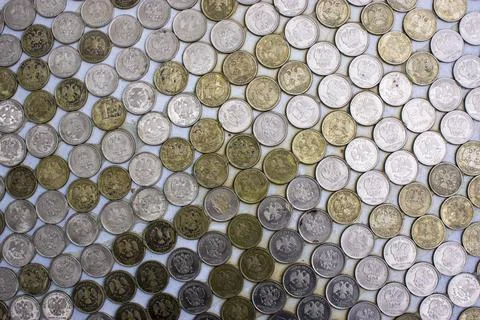 Russian coins texture. Full Frame Shot Of Coins Arranged On Table Stock Photos