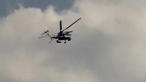 Russian combat helicopter Mi-28N flies over waters of the Gelendzhik Bay. Stock Footage 130730705