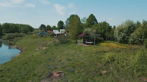 Russian Dacha Birch Forest River Drone Panorama Siberia Video stock 337147906