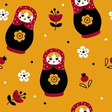 Russian dolls seamless pattern. Traditional slavic matryoshka toy, repeated Stock Illustration