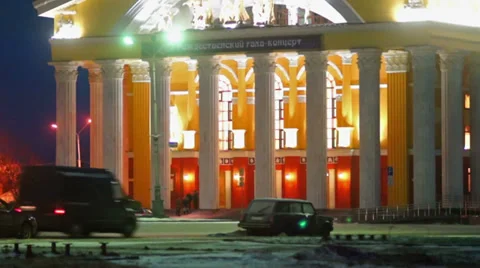 Russian Dramatic Theater in winter evening, Petrozavodsk Stock Footage 34256537