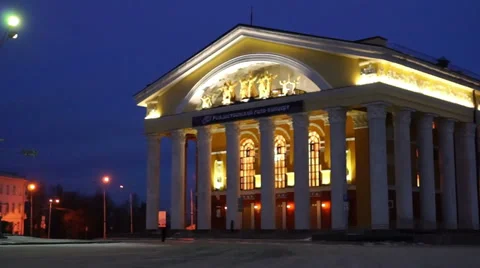 Russian Dramatic Theater in winter evening, Petrozavodsk Stock Footage 34330845