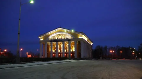 Russian Dramatic Theater in winter evening, Petrozavodsk Stock Footage 34738177