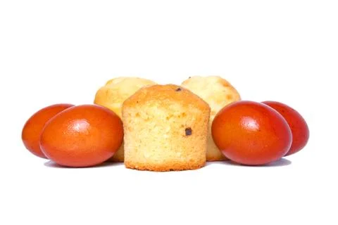 Russian easter food colored eggs and cakes Stock Photos