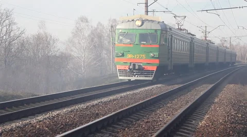 Russian electric train in smoke Stock Footage 4872207