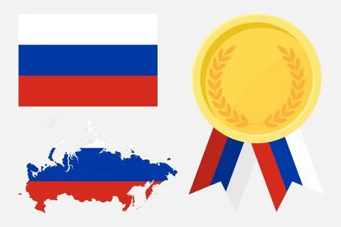 Russian Federation flag with map and gold medal in set for web and banners .. Stock Illustration