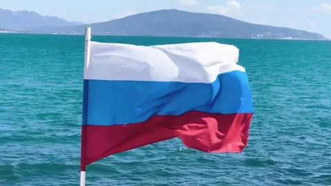 Russian federation flag waving in the wind over the sea Stock Footage 330175898