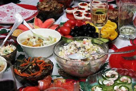 Russian Festive table. russian salad. Happy New Year. Stock Photos