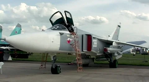 Russian fighter-bomber Su-24 (NATO - Fencer). MAKS-2005 static parking lot. Stock Footage 175159037
