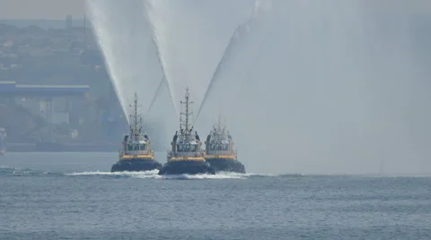 Russian Fireboats Exhibit their Work Stock Footage 65548693