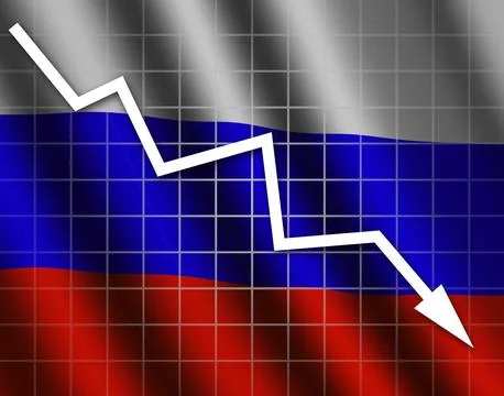 The Russian flag and arrow graph going down Stock Illustration