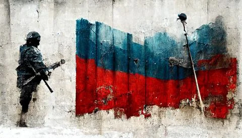 Russian flag on background Concrete wall Grunge with soldier background Stock Illustration