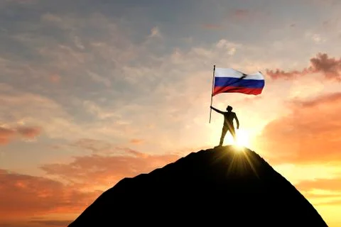 Russian flag being waved at the top of a mountain summit. 3D Rendering Illustrazione stock