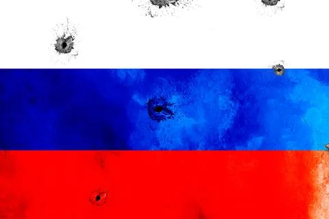 Russian flag with big crack or bullet hole. Military conflict and war in coun Stock Illustration