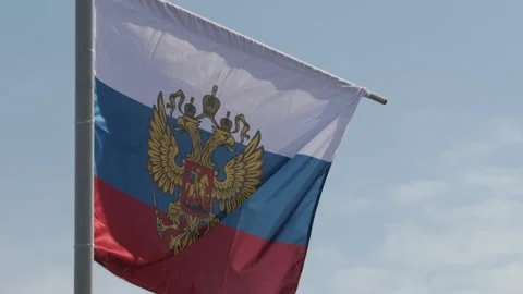 Russian flag with the coat of arms, two-headed eagle without the shield Stock Footage 161412956