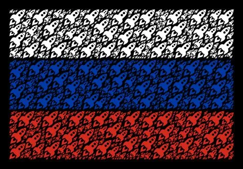 Russian Flag Collage of Space Rocket Launch Items Illustrazione stock