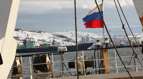 Russian flag flying on board a ship Stock-Footage 42901289
