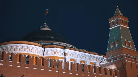 Russian flag, Kremlin wall, no people, night Stock Footage 103055887
