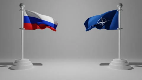 Russian flag on NATO flag  a flagpole fluttering in the wind 動画素材 237852226