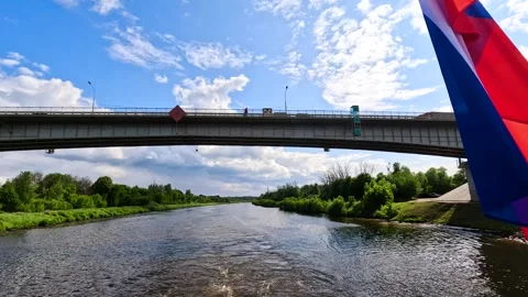Russian flag over river and bridge. Stock Footage 342387531