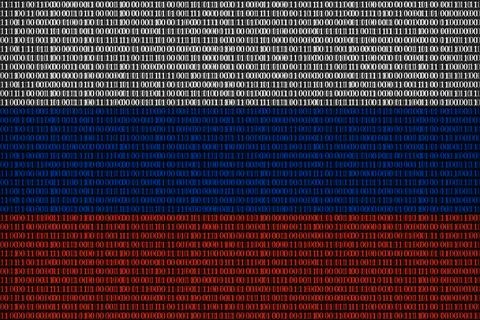 Russian flag superimposed on duplicate computer code that permeates each other. Stock Illustration