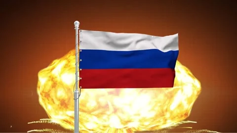 Russian flag waving in front of large nuclear explosion mushroom cloud duri.. Stock Footage 341868796