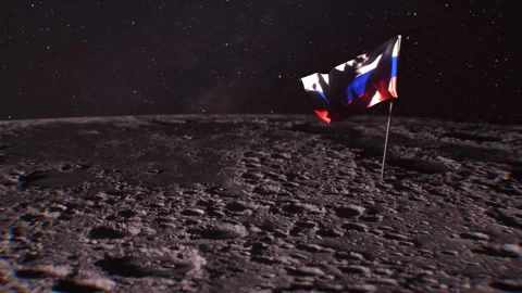 Russian flag waving on the moon. Russia flag stuck in the rocky surface moon Stock Footage 270826041