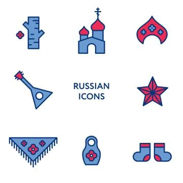 Russian flat line icon set. Culture Signs Russia Stock Illustration