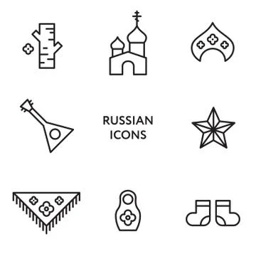 Russian flat line icon set. Culture Signs Russia Stock Illustration