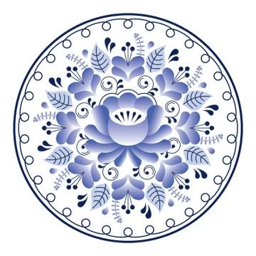 Russian folk art pattern - Gzhel ceramics style, blue floral design Stock Illustration