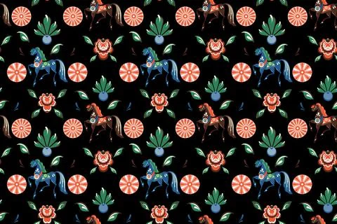 Russian folk dark seamless pattern with horses Stock Illustration