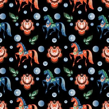 Russian folk dark seamless pattern with horses and roses Stock Illustration
