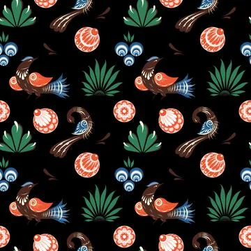 Russian folk dark seamless pattern with birds Stock Illustration