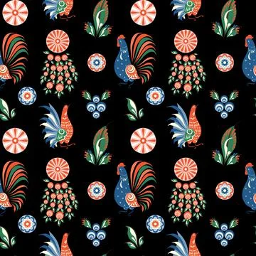 Russian folk dark seamless pattern with chickens Stock Illustration
