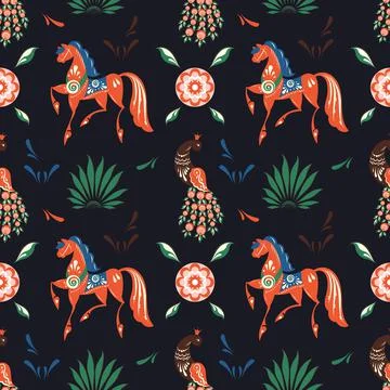 Russian folk dark seamless pattern with horse and peacock Stock Illustration