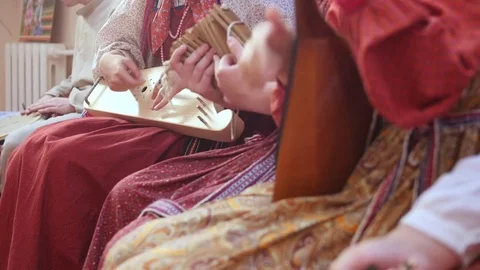 Russian folk ensemble plays ethnic instruments Stock Footage