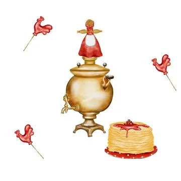 Russian folk pattern seamless. Illustration of a samovar, pancakes and a straw Stock Illustration