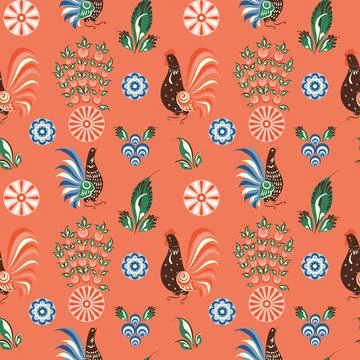 Russian folk red seamless pattern with birds Stock Illustration