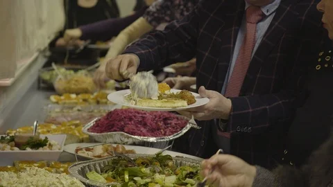 Russian food on a buffet table. Self service. Видео 123884255