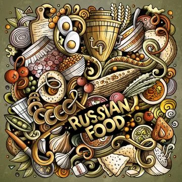 Russian food hand drawn vector doodles illustration. Russia cuisine poster Stock Illustration