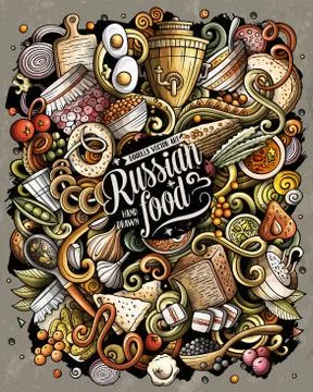 Russian food hand drawn vector doodles illustration. Russia cuisine poster Stock Illustration