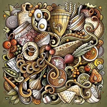 Russian food hand drawn vector doodles illustration. Russia cuisine poster Stock Illustration