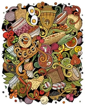 Russian food hand drawn vector doodles illustration. Russia cuisine poster Stock Illustration