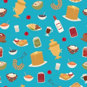 Russian food seamless pattern with thin pancakes, red caviar, vodka and samovar Stock Illustration